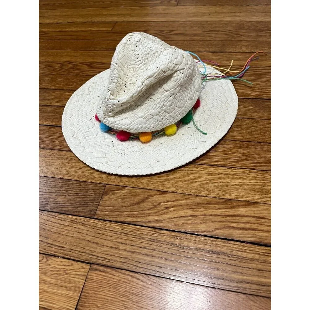 Betsey Johnson Straw Sun Hat Colorful Rainbow Trim One Size Cap Ivory EUC - Picture 7 of 11